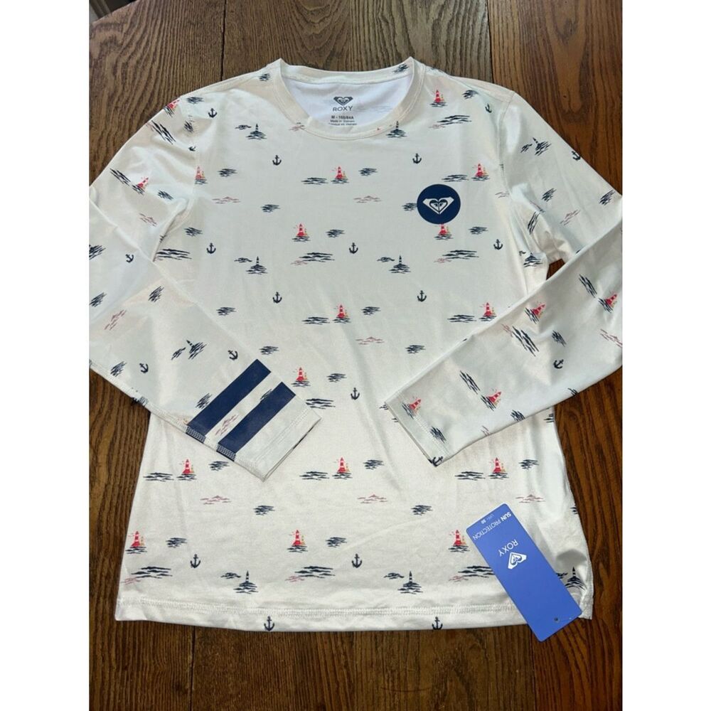 Roxy White Long-Sleeve Nautical ⚓️ Print SPF50 ☀️ Swim Shirt Navy 🛥️ Stripes